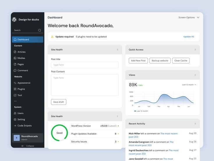 A WordPress admin dashboard showing site health and pending plugin updates.
