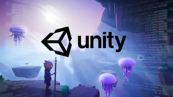 The Unity logo over a stylised 2D game scene.